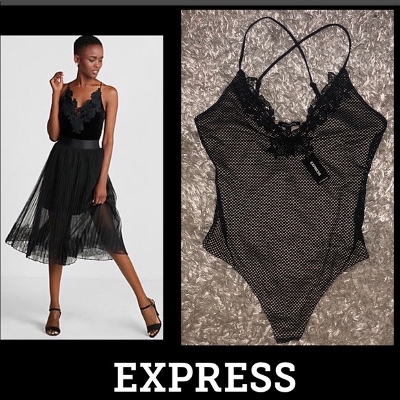 Express Tops - EXPRESS Lace Crochet Trim Fishnet  V-Neck Bodysuit